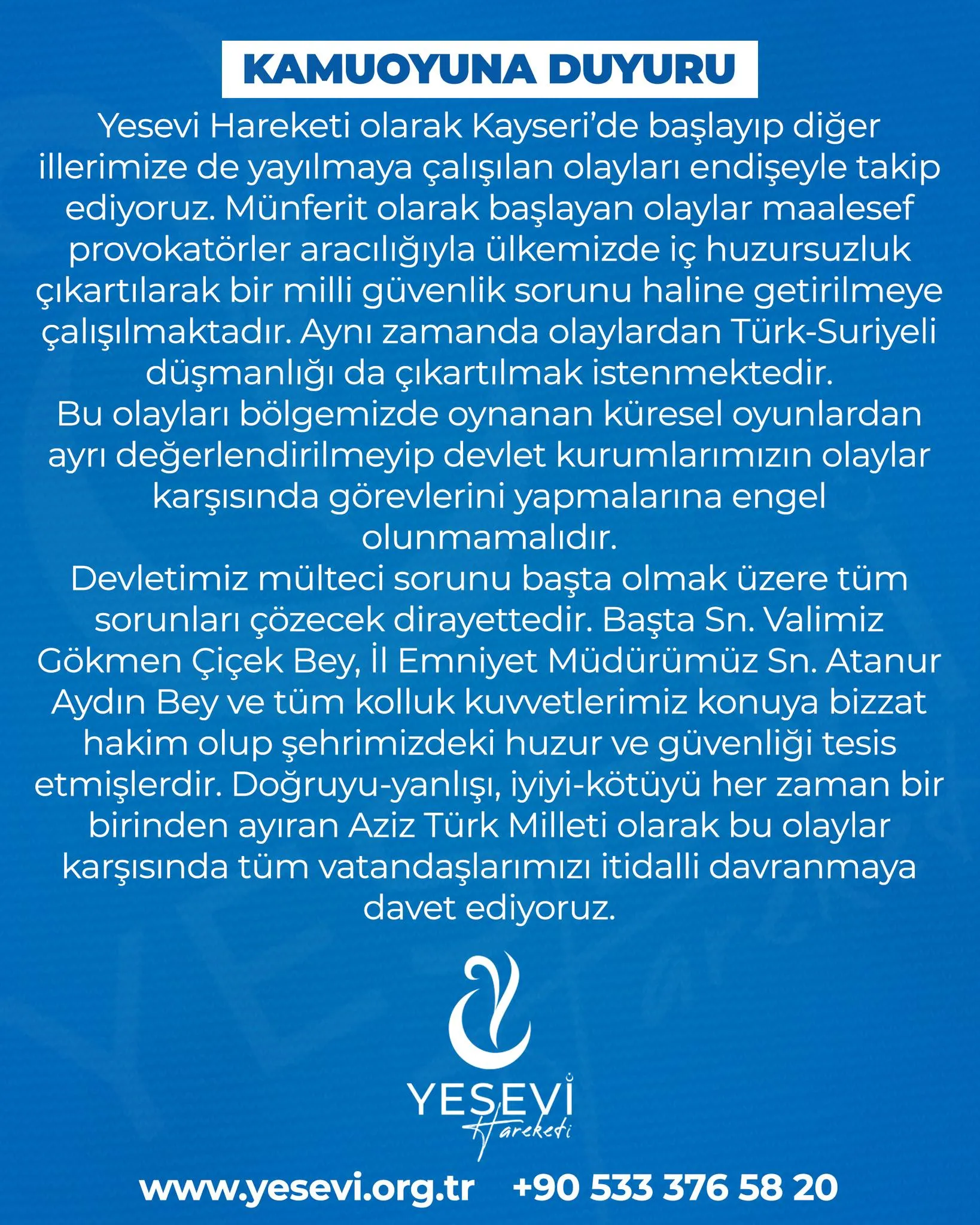 Kayseri'deki Olaylarla İlgili Yesevi Hareketi Derneği'nden Açıklama