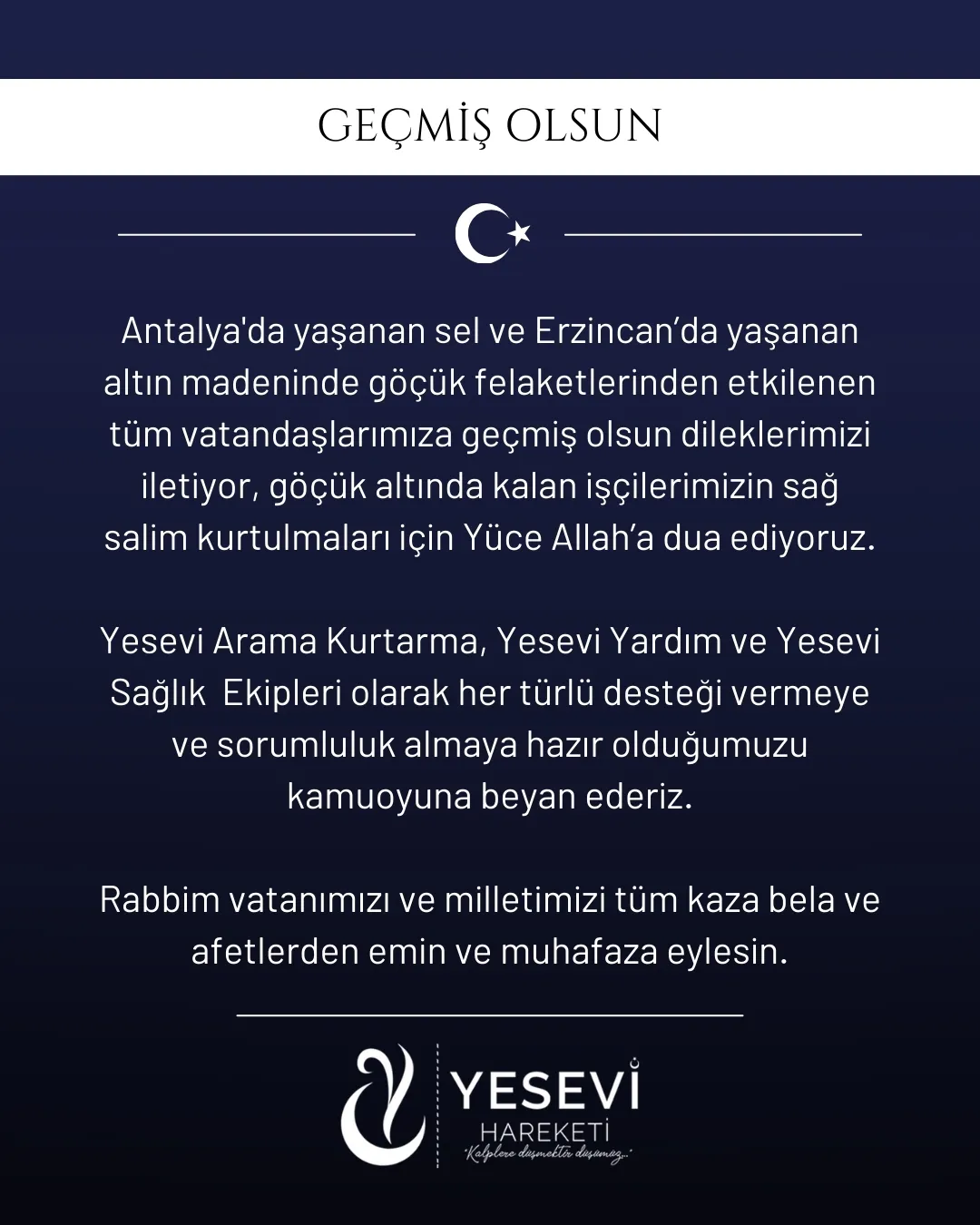 Sel ve Göçük Felaketlerinden Etkilenenlere Geçmiş Olsun Dilekleri
